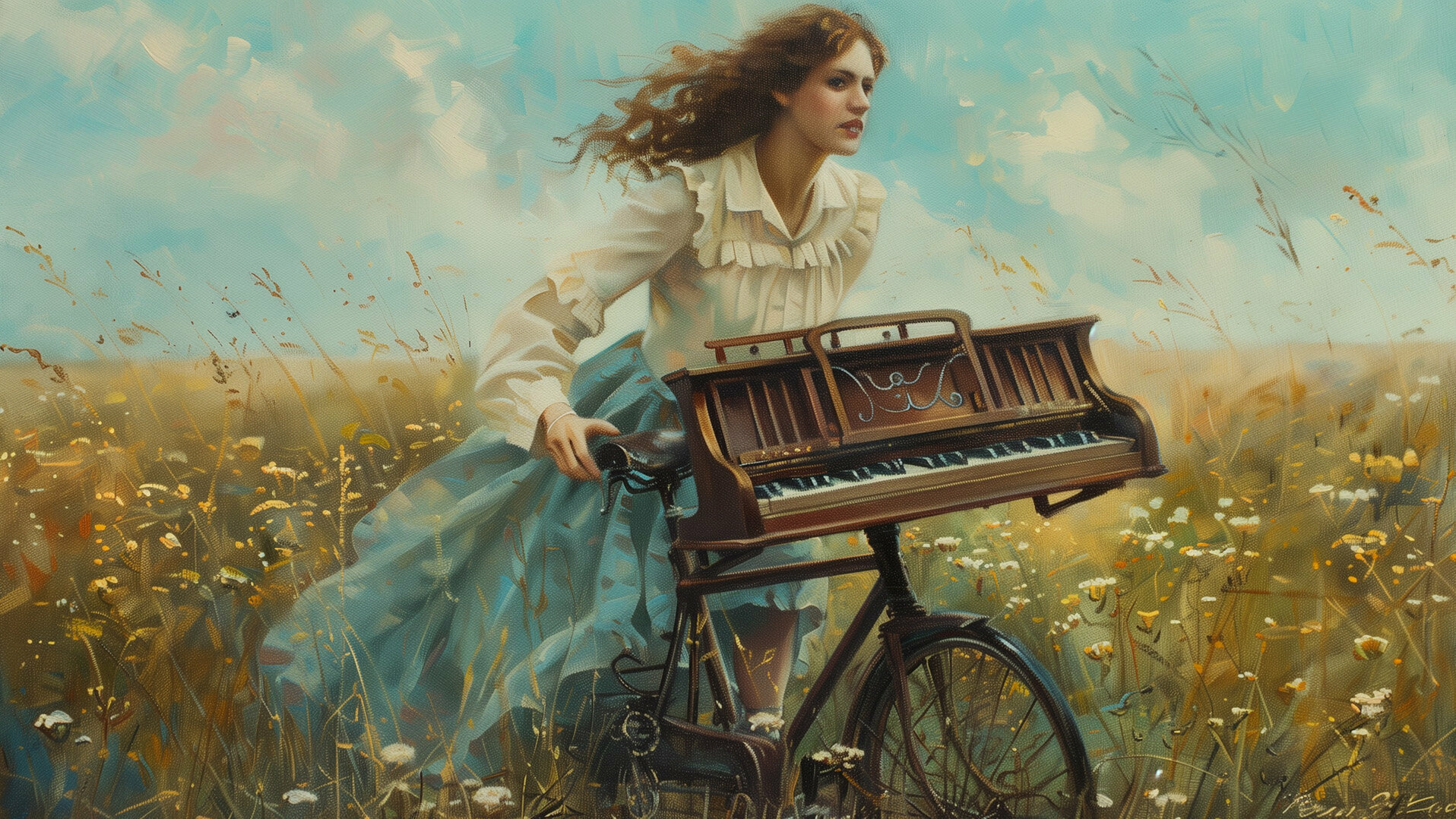 Eine junge Frau radelt mit einem Klavier auf dem Fahrrad durch ein Feld